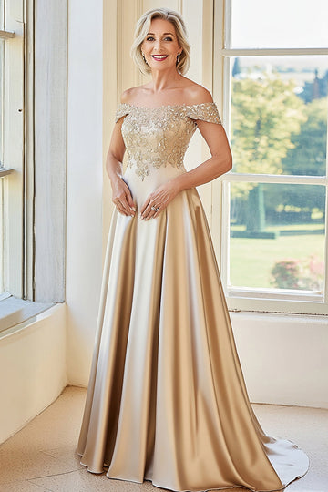 Elegant Champagne Off the Shoulder A-linje matt sateng lang mor til bruden med broderi